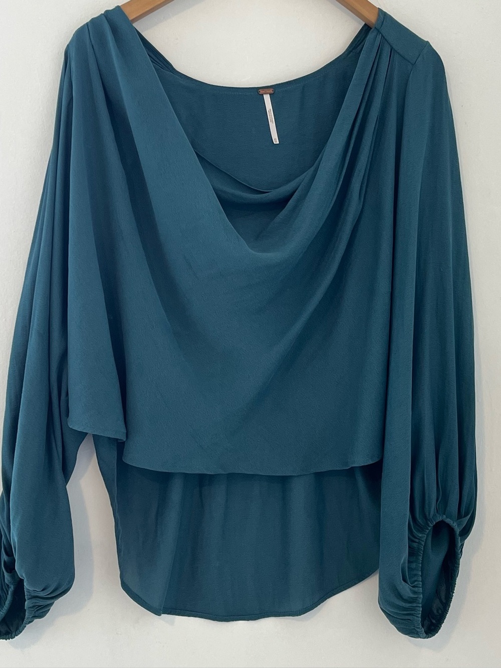 Free People Teal Cowl Neck Flowy Draped Chic Classic Boho Blouse